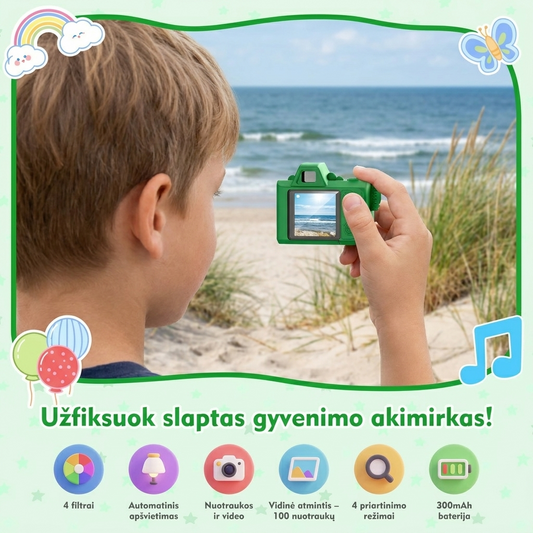 Smalsutis MiniSnap – vaikas fotografuoja jūrą mažu fotoaparatu pakabuku, 6 pagrindinės funkcijos