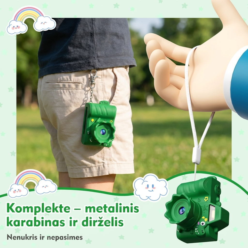 Smalsutis MiniSnap – komplekte metalinis karabinas ir dirželis, fotoaparatas prisegtas prie šortų